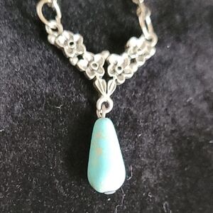 Floral Silver Necklace with Turquoise Drop Pendant